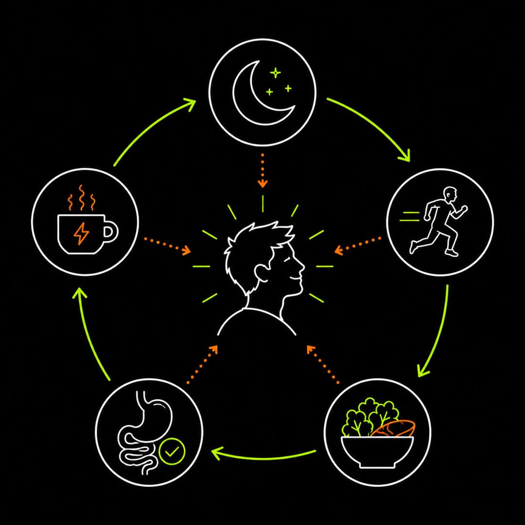 Energy flywheel showing how sleep, exercise, food, digestion, and caffeine feed into each other
